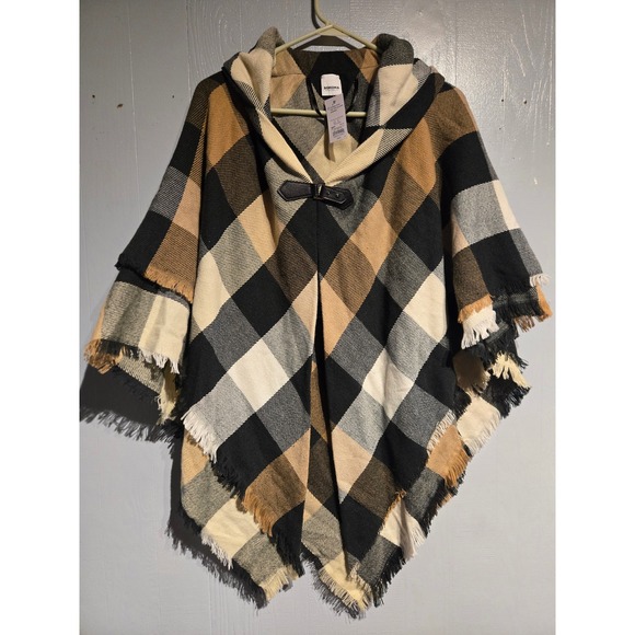 Sonoma Goods For Life Sweaters - Sonoma Goods For Life Plaid Hooded Poncho Wrap Black Camel OneSize NWT WSN49LP05